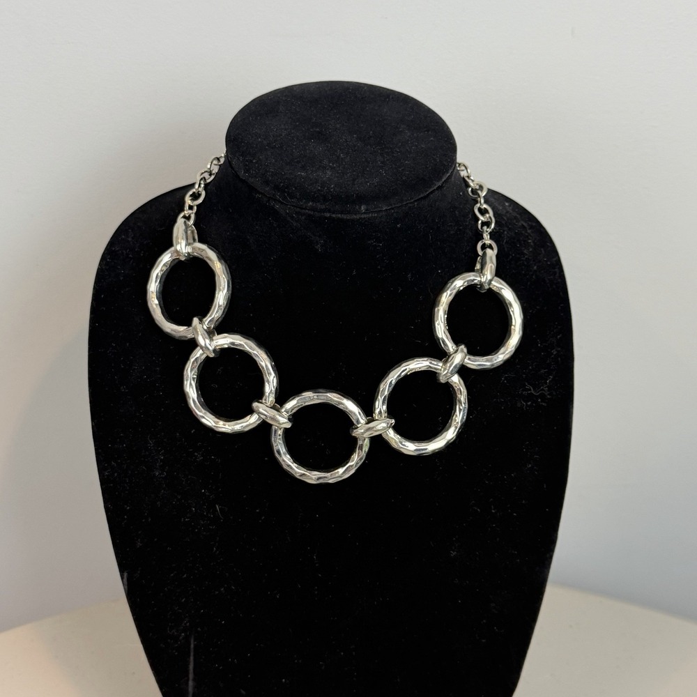 White House Black Market Necklace NWT Silver Tone Hammered Circle Statement 19"